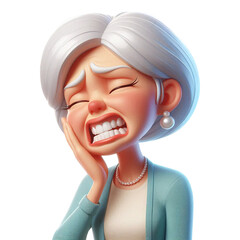 The old woman clutched her jaw, showing signs of severe toothache.