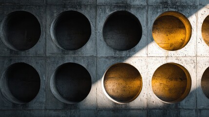 a striking architectural detail displays a concrete wall featuring a repeating pattern of circular openings illuminated by warm sunlight and shadow high quality professional detailed modern
