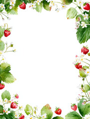 水彩画風のイチゴと白い花のボタニカルフレーム素材