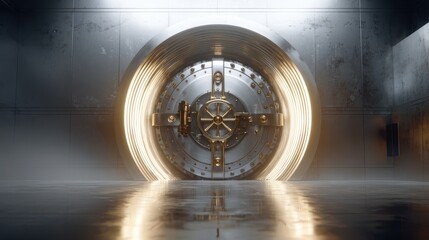a highly detailed and realistic rendering showcases a massive circular bank vault door constructed from steel and gold high quality professional modern elegant stylish clean crisp