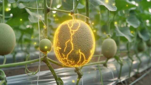Ripe Melons Growing on Vine Rows in Modern Greenhouse Farm AIG Footage
