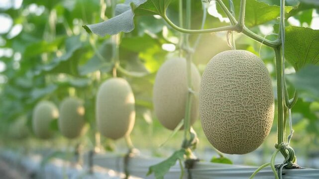 Ripe Melons Growing on Vine Rows in Modern Greenhouse Farm AIG Footage