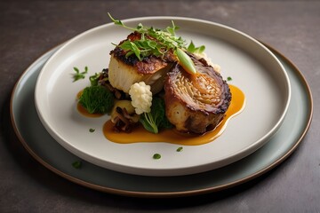 Elegant Seared Halibut with Roasted Vegetables in Sauce