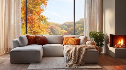 a cozy interior living room scene features a comfortable sectional sofa a warm fireplace and a stunning autumn view through large windows high quality professional detailed