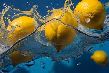 Refreshing Yellow Lemons Splashing in Cool Water