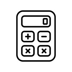 Simple line art icon of a calculator with a display screen and basic arithmetic operation buttons.