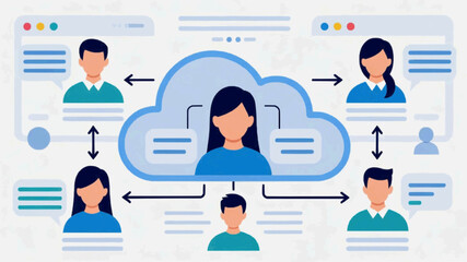 Cloud Computing Networking and Remote Team Collaboration Flat Vector Illustration with People Communicating Online