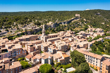 Panoramic view of village Saint Saturnin les Apt in Luberon regional natural park, Provence, France. View of the small village of Saint-Saturnin-les-Apt, Vaucluse, Provence, France.