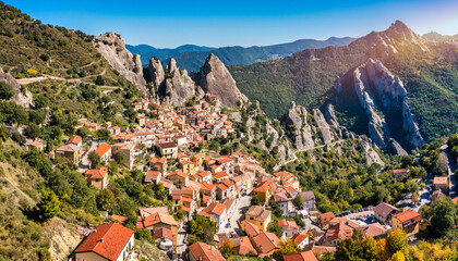 The picturesque village of Castelmezzano, province of Potenza, Basilicata, Italy. Cityscape aerial view of medieval city of Castelmazzano, Italy. Castelmezzano village in Apennines Dolomiti Lucane.