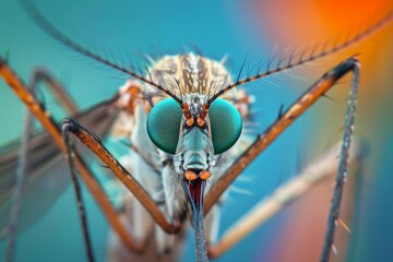 Extreme macro close up of mosquito with large green eyes and proboscis, showcasing details of insect anatomy