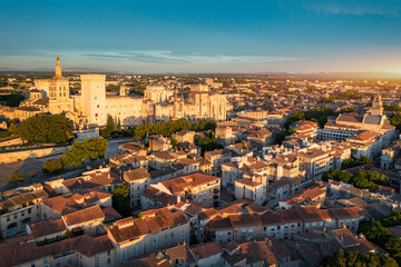 Fototapeta premium View of Avignon with Palais des Papes during sunset in Southern France. Medieval architecture along the Rhone River in Avignon, Provence, France. The Palais des Papes in Avignon, South France.