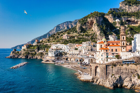 Aerial view of Atrani famous coastal village located on Amalfi Coast, Italy. Small town Atrani on Amalfi Coast in province of Salerno, Campania region, Italy. Atrani town on Amalfi coast, Italy.