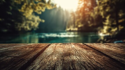a blurred background of lush green trees and a tranquil lake contrasted by a foreground of rustic wooden planks high quality professional detailed modern elegant stylish