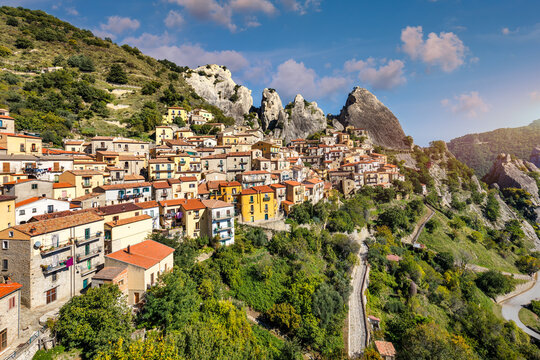 The picturesque village of Castelmezzano, province of Potenza, Basilicata, Italy. Cityscape aerial view of medieval city of Castelmazzano, Italy. Castelmezzano village in Apennines Dolomiti Lucane.