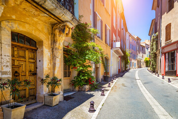 Fototapeta premium Village of Saint-Saturnin-les-Apt in Vaucluse, France, with beautiful views and historic architecture. Village of Saint Saturnin les Apt features quaint houses and historic landmarks. Vaucluse, France