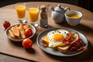 Hearty American Breakfast with Eggs, Bacon, Toast, and Juice