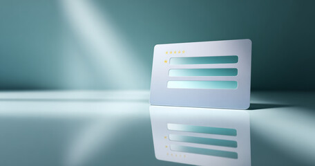 Minimalistic credit card with star ratings reflected on glossy surface in soft light and teal background