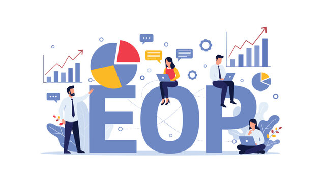 EOP business acronym concept showing a team of professionals collaborating on a project, analyzing data charts, and communicating via laptops.