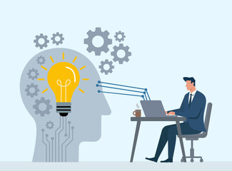 Businessman working on laptop with AI brain, gears and lightbulb idea concept flat vector illustration, Concept titles: Artificial Intelligence, Innovation Idea, Automation Gears