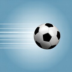 A classic black and white soccer ball in mid-air with motion blur lines, suggesting speed and dynamic movement on a light blue background.