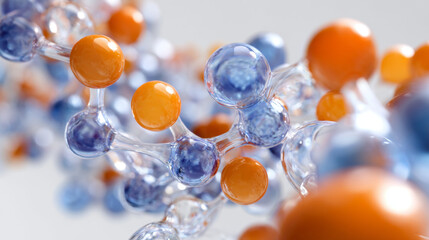 Molecular structure with orange and blue spheres, high detail, scientific, abstract background