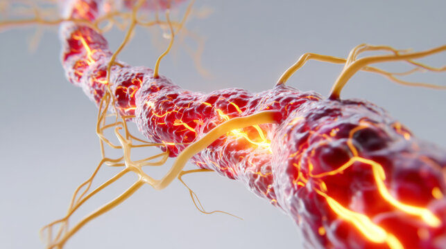 Glowing nerve fiber damage diabetic neuropathy medical illustration, closeup, detailed, vibrant