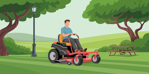 A diligent worker riding a lawn mower in a serene park setting, emphasizing the importance of lawn care and outdoor maintenance for a well-kept environment.