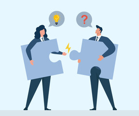 Business partners solving a problem by fitting puzzle pieces together, sharing ideas and questions for teamwork and collaboration, Collaboration, Problem Solving, Idea Sharing, Communication