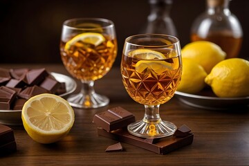 Amber drinks with lemons and chocolate on wooden table