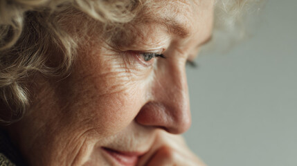 Close up portrait elderly woman deep emotion thoughtful expression wrinkled skin
