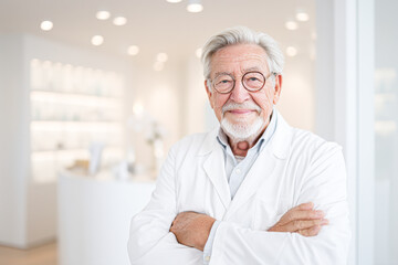 Fototapeta premium A smiling elderly man in a lab coat stands confidently with arms crossed, embodying wisdom and professionalism in a bright, modern office space.