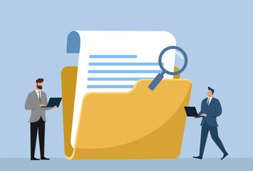 Document Management and File Search Flat Vector Illustration with Business People Using Laptops and a Magnifying Glass on a Folder, Document Organization, File Search, Data Analysis