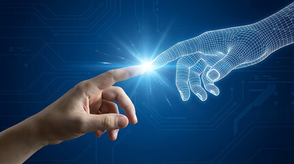 Human hand reaching out to touch a glowing wireframe digital hand illustrating the concept of human and robot interaction through artificial intelligence and technology