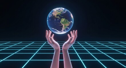Hands levitating Earth over a glowing digital grid