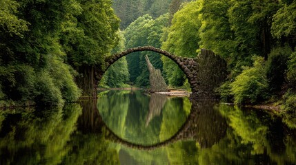 a picturesque stone arch bridge gracefully spans a tranquil stream framed by lush greenery and a captivating forest landscape reflecting beautifully high quality professional detailed modern