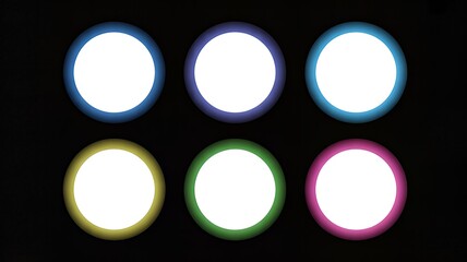 Six glowing circular lights with distinct colored rings on a dark background, arranged in two rows.