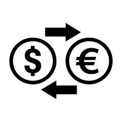 Black and white icon depicting the exchange or conversion between US Dollar and Euro currencies.