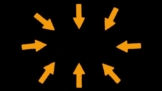 circular arrangement of eight textured yellow arrows pointing inwards towards a central focal point on a solid black background, ideal for highlighting content or creating focus. 