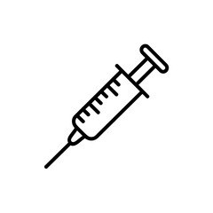 Simple line art icon of a medical syringe with a needle, used for injections and drawing fluids.