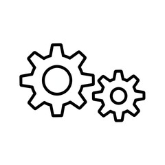 Two interlocking gears outlined in black on a white background, symbolizing mechanics, settings, and industrial processes.