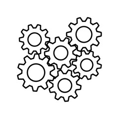 A black and white outline illustration of six interlocking gears, symbolizing mechanics, system, and teamwork.