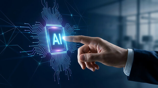 Glowing human head profile integrated with digital circuit patterns and data particles representing the evolution of artificial intelligence and human cognitive computing - Powered by Adobe