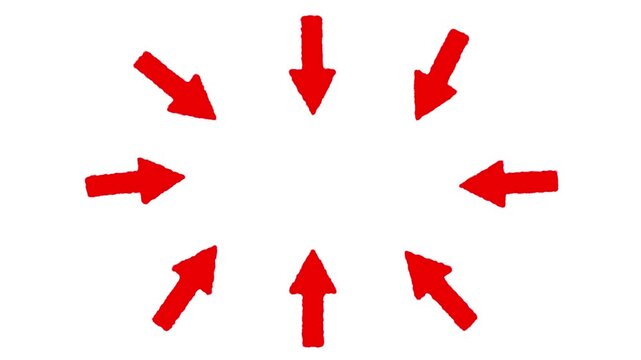 A collection of eight red, textured, hand-drawn style arrows arranged in a radial circle, all pointing inwards towards a central white copy space.