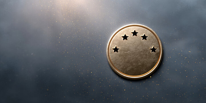 Golden round coin with five star cutouts on dark textured background with glowing light and sparkling particles
