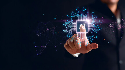Businessman touching a virtual glowing artificial intelligence chip icon representing the integration of smart technology into business management and corporate digital strategy