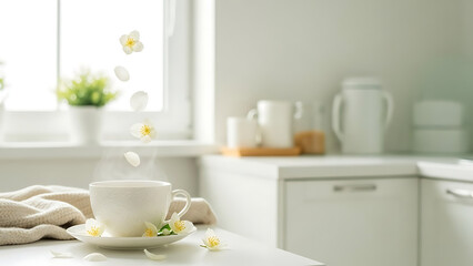 Fototapeta premium Refreshing morning serenity A steaming hot cup surrounded by delicate white blossoms in a sunlit, clean kitchen interior