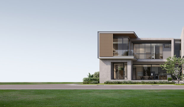 Modern exterior house with lawn grass and copy space for real estate advertising. 3d rendering