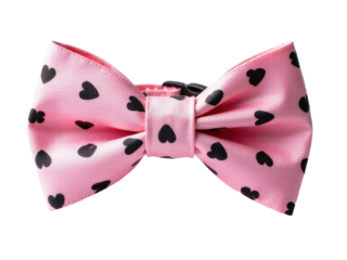 A pink bow tie featuring small black hearts