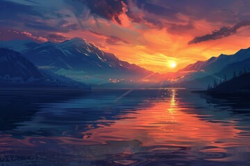 Breathtaking sunset illuminating tranquil lake water and reflecting vibrant colors onto snowy mountain peaks