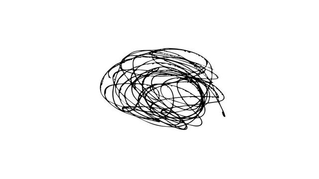 Abstract animation of a complex tangled line drawing featuring messy black scribbles on a white background representing chaos confusion and artistic brainstorming processes.
